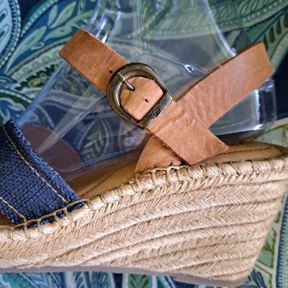 Born Tan Leather and denim blue Espadrille Wedge Sandals - Picture 8 of 10